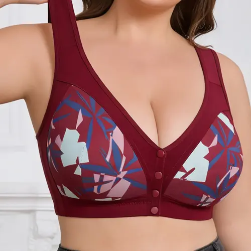 Front Closure Bra for Plus Size 1XL-6XL - Wireless Geometric Print Bralette, Back Smoothing Full Coverage Support, Easy On Off Comfort Bra, Chic Lingerie