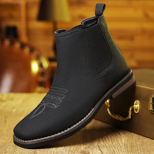 CYUW men’s western cowboy boots — square-toe Chelsea ankle boots, work boots, casual, vintage, fashionable, classic, comfortable, versatile; available in khaki and black; outdoor casual closed-toe style Footwear