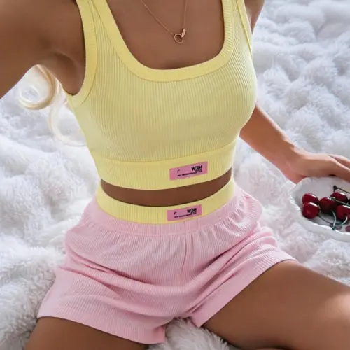 Women's Casual Ribbed Knit Top and Shorts Pajama Set, Loungewear, Colorblock Design, Stretchy Comfortable Home Wear, Ideal for Daily Use
