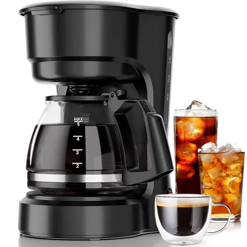 Black Compact 5-Cup Electronic Coffee Maker - Coffee Brewer with Display, Anti-Drip Spill-Proof System, Timer, Removable Funnel, Auto Shut-Off, Anti-Dry Protection, FDA Material, Energy-Efficient Dishwasher-Safe Parts for Home & Office