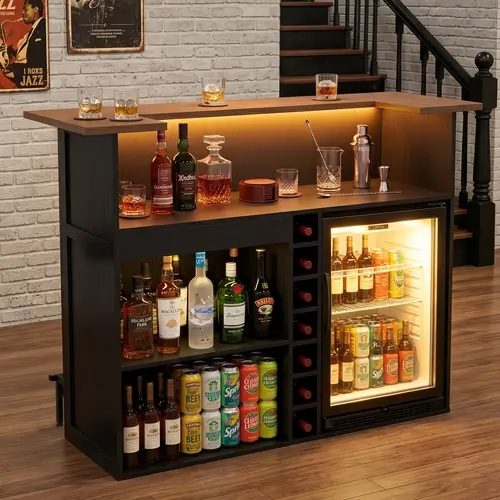 63-Inch U Shaped Home Bar Unit with Fridge Space & 24.3" Side Wings, Indoor Bar with LED Strip, Basement Bar Table with Stemware Racks & Drawer, Bar Furniture for Home