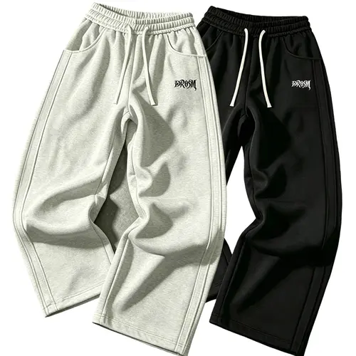 Men’s athletic straight-leg knit pants — solid color, distinctive printed details, soft drawstring, loose long design, comfortable, straight relaxed fit, suitable for street style and casual outings.,clothes for back to school,first day of school outfits