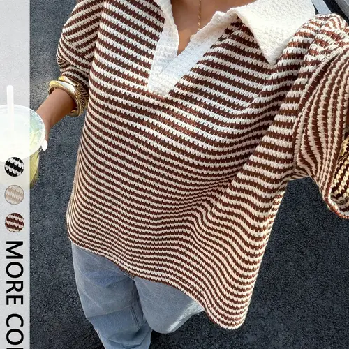 Women's Lapel Short Sleeve Striped Oversized Loose Knit Pullover T-Shirt, Textured Knit V-Neck Top, Essential Summer for Travel/street Style/photoshoots, Casual Knitting Top
