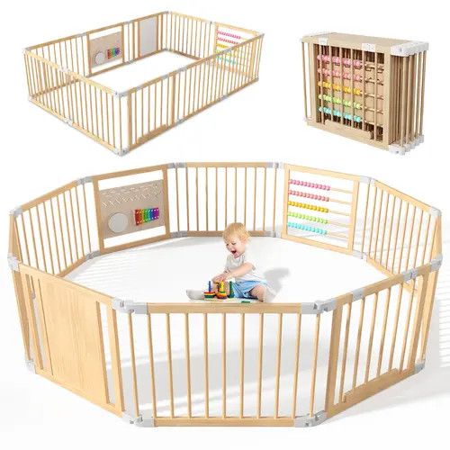 Lilypelle Natural Wooden Baby Playpen with Built-in Toy Panels, Foldable & Shape-Changeable Kids Activity Center, CPC & CPSIA Certified Safety Toddler Gate summerwins,dorm essentials,home decor