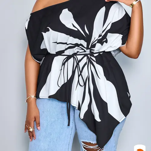 Plus Size New Summer Casual Elegant Chic Women's Print Blouse Tops, Summer Beach Top, Asymmetrical Hem, Loose Fit, Perfect for Daily Wear, Parties, Vacations