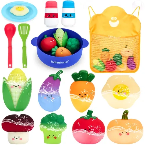 hahaland Color Changing Vegetable Soup Bath Toy Set for Toddlers 12m+, 15-Piece Set with Veggies, Pot, Spoon, Mesh Bag, No-Hole Mold-Free Smooth Plastic Easy-Grip All-Seasons Playset, Gift, Holiday, Color Change in 95°F+ (35°C+) Water