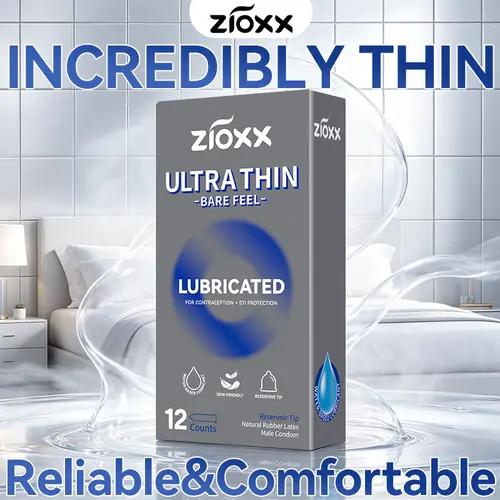 Zioxx 12ct Ultra Thin Latex Condoms - Smooth, Moisturizing, Silky Moisture Coat, Standard Fit, Bare Feel Lubricated Male Contraceptives with 52mm Natural Rubber Reservoir Tip, Heat Transfer Boost for Personal Protection, 12 Pcs