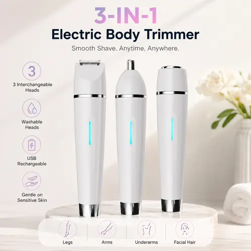 Women's 3-in-1 Cordless Rechargeable Shaver Machine - USB Rechargeable, 3 Replaceable Heads, Rotary Bottom Switch, Good Hair Remover for Legs, Underarms, Beauty Products for Personal Care