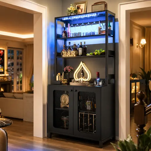 67" Tall Wine Bar Cabinet with RGB LED Lights & Charging Station, Coffee Bar Cabinet Home Bar liquor Cabinet for Home with Hutch ＆ Glass Holder,dorm essentials,home decor