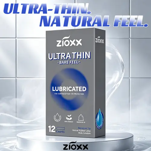 Zioxx Ultra Thin Bare Feel Condoms 12-Count, Premium Water-Based Lubricated Skin-Friendly Latex Condoms for Maximum Sensitivity & Safety, 52mm