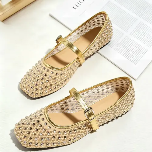 Women's Mary Jane Shoes, Adjustable Mary Janes, Mary Jane Footwear, Large Size Mesh Rhinestone, Breathable Hollow Out, Square Toe Adjustable Buckle, Flat Soft Sole, Casual Style