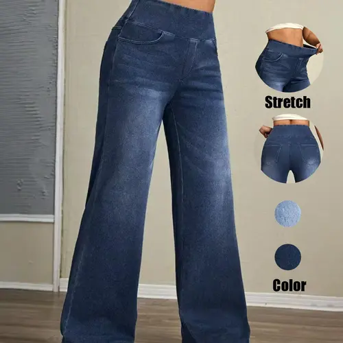 Women's High-Waisted Elastic Stretch Denim Pants, Straight Leg Fit for All Body Types, Essential Casual Wear