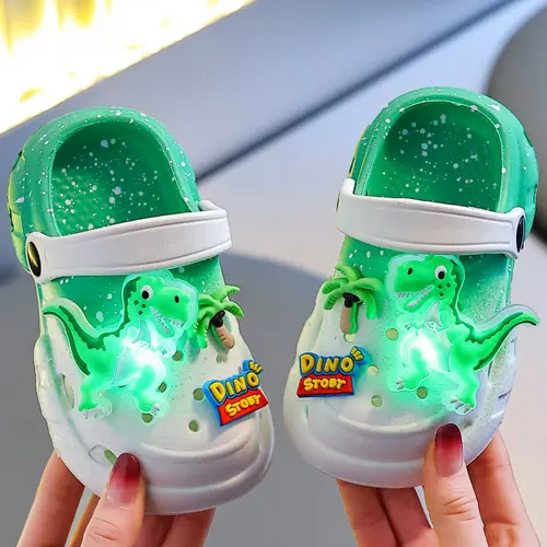 Summer Kids Glow-In-The-Dark Dinosaur Pattern Clogs, Cute Style Ultra-Light Soft Cool Unique Sandals for Beach & Vacation, Comfy EVA Sandals for Boys & Girls