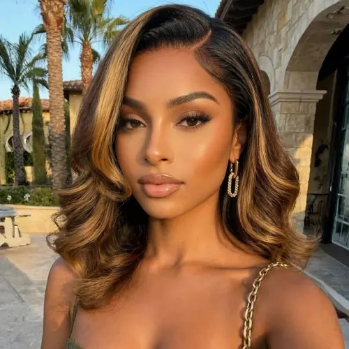 Sunber 7x5 Lace Front Wig Human Hair - Brown Highlights Dark Root Body Wave, Beginner-Friendly Layers & Shoulder Flip-Out Curls, Glueless Drawstring Fit, Pre-Cut Pre-Bleached Prep, Elegant Home Salon Style, TikTokShopBackToSchool, Human Hair Wigs,sohochic