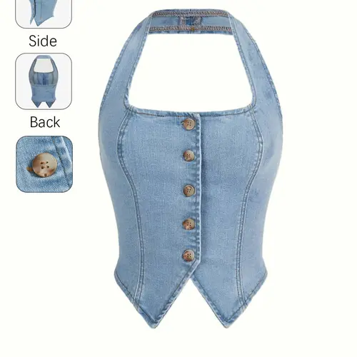 Women's Elegant Chic Fit Light Wash Denim Halter Neck Top, Front Button Waist Cinch Ruched Back Tank, Summer Crop Top, Light Blue Short Sleeveless Casual Fabric