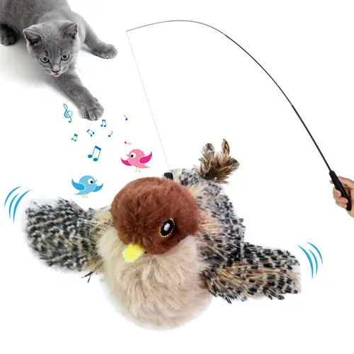 Interactive Kitten Wand Toy - Retractable Pole with Non-Flying Flapping Realistic Bird, Rechargeable Touch-Activated Chirp Sound Cat Kicker for Feline Exercise, Pet Supplies to Keep Cats Engaged