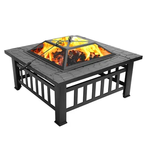 32x32 in Heavy-Duty Iron Square Brazier - Outdoor Garden Accessories, Decorative Metal Fire Pit with Mesh Lid & Tongs, Backyard BBQ Gatherings Warmth Source