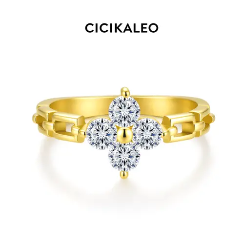 CICIKALEO 3.5mm Moissanite Rings for Women Clover Lucky Chain 18K Gold Plated Lab-Created Engagement Promisering Gifts for Her #Summervibes
