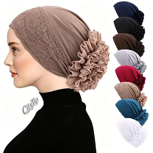 Women's 3pcs Stretchy Ruffled Chiffon Hijab Undercap Hat - Cultural Elegance, Casual, Comfortable Fit, Breathable, All Seasons Ethnic Modest Versatile Sports & Outdoor Headwear