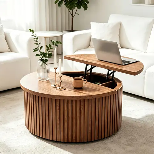 Fluted Lift Top Coffee Table with Storage, 34.6'' Round Coffee Tables for Living Room, Circle Wood Center Table with Hidden Conpartment