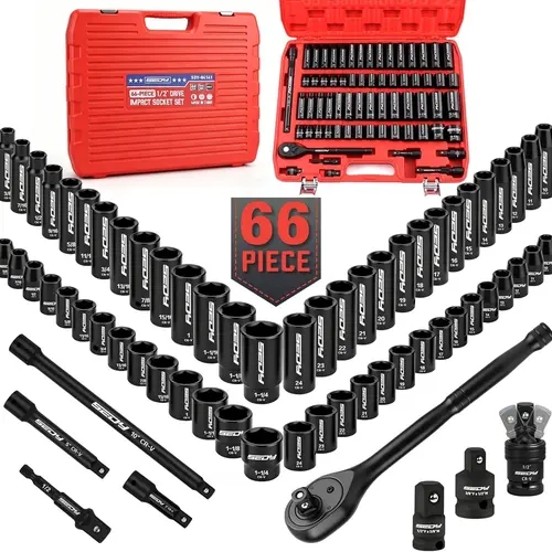 SEDY 66-Piece 1/2" Drive Impact Socket Tool Kit Set for Mechanic, SAE 3/8"-1-1/4" & Metric 10-24mm Deep/Standard 6-Point Cr-V Hex Flats Sockets with Ratchet, Extension Bars, Adapters, Universal Joint, Drill Adapter, Storage Case – Fathers Day Full Kit