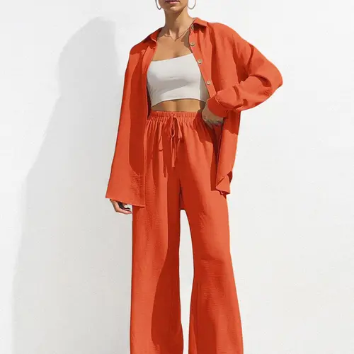 Women's Solid-Color Long-Sleeve Button-Up Top and Baggy Wide-Leg Pants Set, Versatile Comfortable Home Wear, Casual Daily Wear, Clothes