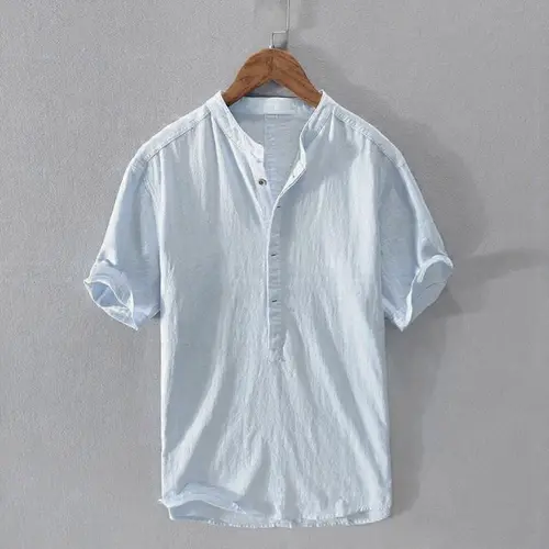 Men's solid color simple cotton and linen short-sleeved shirt casual T-shirt loose fashion summer