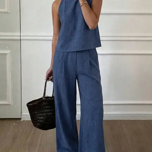 Women's Summer Striped Thin Strap Vest Top & Baggy Loose Long Pants Two-Piece Set, Casual Home Wear, Everyday, Comfortable, Lightweight, Breathable and Stylish