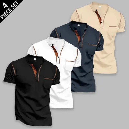Men's 4-Piece Slim-Fit Short Sleeve Henley T-Shirts Set - Mandarin Collar, Chest Pocket, Contrast-Stitch, Lightweight Solid Colors Tops for Summer Daily Commute, Breathable Smart-Casual Streetwear (S, XL), Streetwear Ready