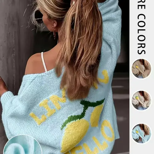 Women's Cute Lemon Pattern Loose Fit Knit Cardigan, Graphic Sweater Top, Long-Sleeve V-Neck Front Button Sweater, Vintage Y2K Sweet Casual Tops, Knitwear