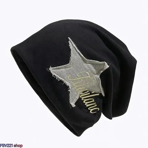 Unisex Y2K Cotton Knit Slouchy Beanie - Embroidered Star Patch, Oversized Soft Streetwear Skull Cap, Warm Headwear for Fall, Winter Daily Wear campingessentials, Skull Caps, One Size