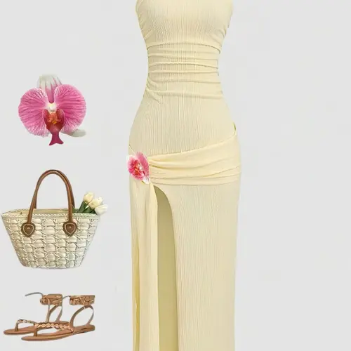 Summer Women's Dress, Cream Ruched High Slit Bustier Bodycon Fit A-Line Dress, Floral Clip Design, Casual Vacation Party Dress