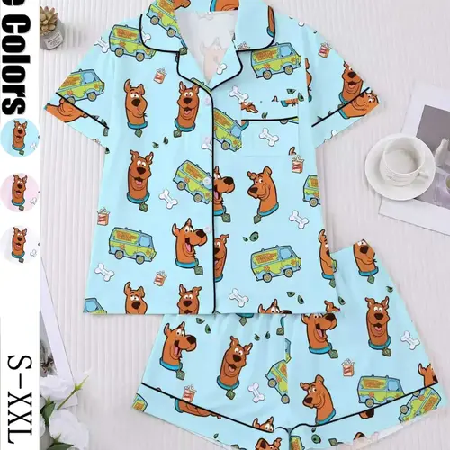 Women's Cartoon Pajama Set, Loungewear, Pyjamas, Pjs, Short Sleeve Button Front Top & Elastic Shorts, Elegant Fitted Sleepwear, Comfortable Homewear, Cartoon Pattern Pajamas
