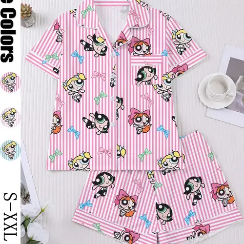 Women's Pajama Set Pyjamas with Cartoon Print, Short Sleeve Button Front Top and Elastic Waist Shorts, Comfortable Soft All-Season Home Loungewear Nightwear
