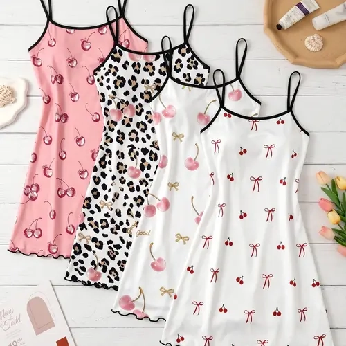 4-Pack Women's Cami Nightdresses, Bow All-Over Print Pajamas, Sweet Home Wear Loungewear for Spring & Summer, Essential Comfortable Sleepwear, Homewear