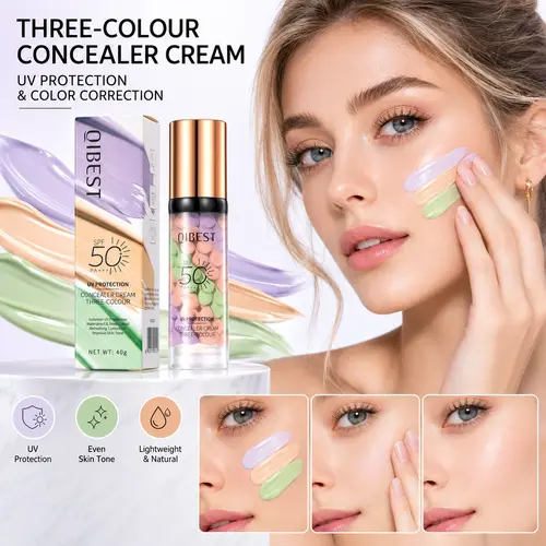 Three-Color Protective Isolation Cream with SPF 50 Coverage,Oil Control Moisturizer Cream, Long-Lasting Makeup Base for Flawless Skin Tone