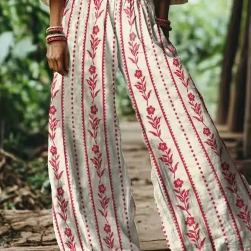 Women's Boho Bohemian Floral Print Casual Long Baggy Wide Leg Elastic Pants, Comfortable Breathable Fabric, Ideal for Vacation, Home, Daily Wear, Suitable for Spring Summer Fall