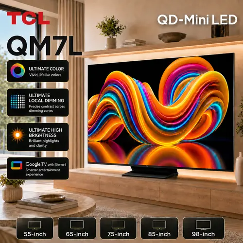 TCL QM7L Series | SQD-Mini-LED QLED Smart TV | 2026 Model | 144Hz | Ultimate Color Ultra Brightness & Contrast | Google AI Bang & Olufsen | Voice Gaming Streaming Television