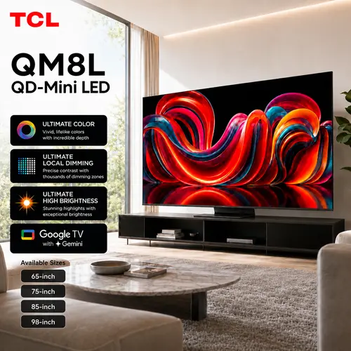 TCL QM8L Series Multi-Size Large Format QLED Television (65"-98"), 2026 SQD-Mini-LED Smart TV with 144Hz, Ultimate Color Brightness & Contrast, Google AI, Bang & Olufsen, Voice Control, Bluetooth Connectivity, Manufacturer Warranty, Gaming & Streaming