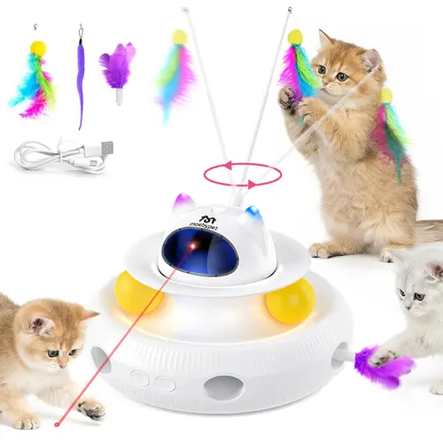 New 5-in-1 Interactive Cat Toy | Rotating Feather Teaser & Light Pointer & Track | Magic Box Cat Toy for Bored Indoor Cats