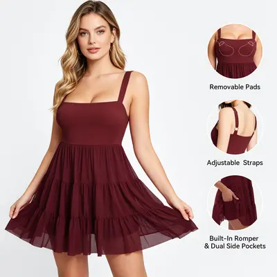 OYV Women's Square Neck Tiered Mesh Mini Dress - Casual Flowy Ruffle Sleeveless Sundress with Removable Padded Bust, Adjustable Straps, Built-In Shorts & Side Pockets for Summer