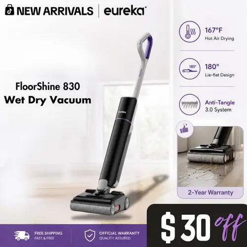Eureka FloorShine 830 Vacuum Cleaner 24000Pa, Cordless Floor Scrubber Flat Design 180° 13.7 cm, Anti-Tangle, Edges on 3 Sides, for Houses with Animals, 60 Min Autonomy