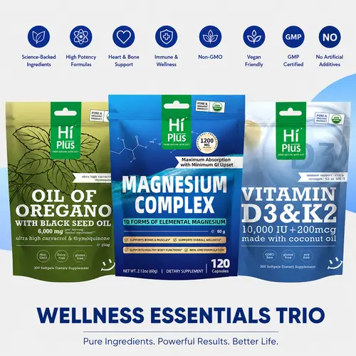 Wellness Essentials Trio- Magnesium Complex,Oil of Oregano with Black Seed Oil,Vitamin D3 & K2, To Address Bloating,Gluten-Free, Vegan, Non-GMO & Gelatin-Free