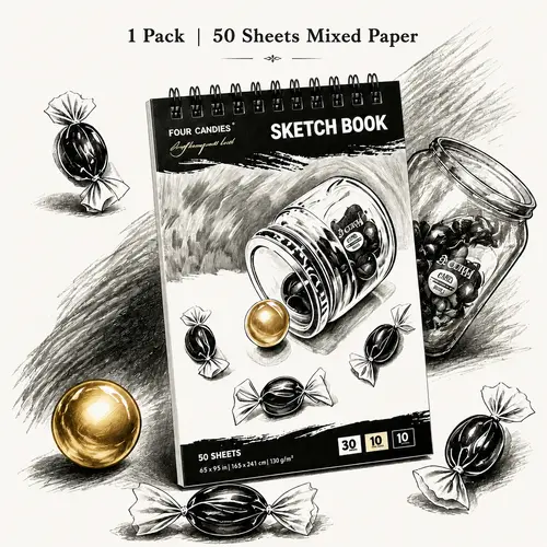 【Art Gift】 Four Candies 50 Sheets Triple-Tone Sketchbook (6.5"x9.5", White/Kraft/Black Mixed Pages), 130gsm Thick Multimedia Paper Top-Bound Art Drawing Pad