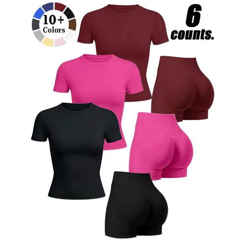 Women's Summer Sport Set, Athleisure Set, Summer Fitness Outfit, Short Sleeve and Shorts, Comfortable Breathable, High Waist Peach Butt, Multicolor, Yoga Fitness Daily Wear, Athleisure Workout Set, Sportswear Set