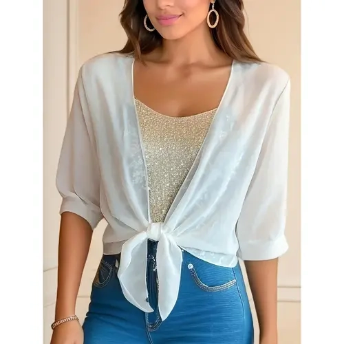 Lady's Sheer Chiffon Dress Cover-Up, Solid Tie-Front Half Sleeve Shrug, Short Lightweight Layer, Summer Women's Clothes, Sheer Chiffon Feels Airy, Short Length, Easy Layer, Solid Color, Clean Look,clothes for back to school,first day of school outfits