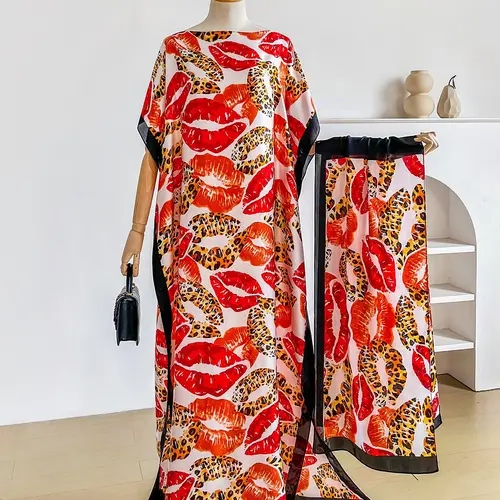 Women's Fashion Lip-Print Long Robe Dress with Matching Headscarf, Beach Sun-Protection Satin Scarf Outfit for Summer Beach Resort Wear