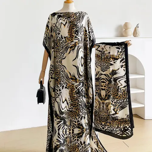 2-Piece Leopard Print Shawl Set, Elegant Fitted Cape and Headscarf, Sun Protection Silk Scarf for Beach, All-Season Fashion Accessory