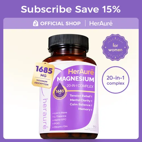 HerAure 20-in-1 Magnesium Complex 1685mg - BrainFog Relief, Reduce Overthinking & Calm Mind, StressRelief & Sleep Comfort, Digestion, Muscle & EnergySupport, 12 Forms of Magnesium, B6, Zinc & SlipperyElm, beach essentials, #backtoschool，C summerwins