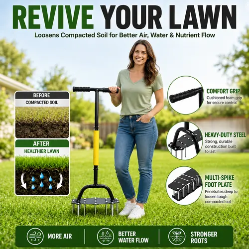 Manual Lawn Aerator Tool with Automatic Dirt-Leaf Cleaning, 17 Steel Spikes, Advanced Welding Technology, Height Adjustment, Better Water Flow for Yard & Garden, Soil Regeneration & Permeability Boost